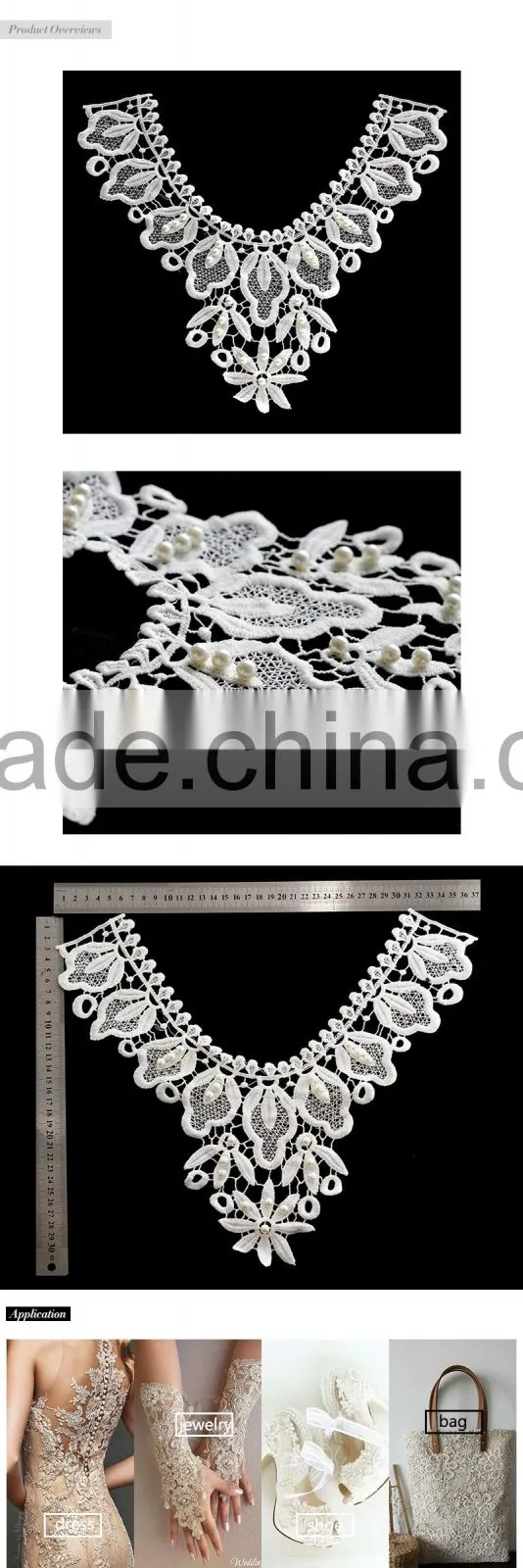 White floral pattern lace beaded collar for wedding dress