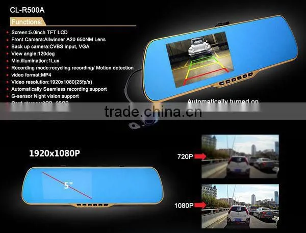 Alibaba Supplier 5" TFT LCD Screen Night Vistion Dual Cams Rearview Mirror HD Car DVR