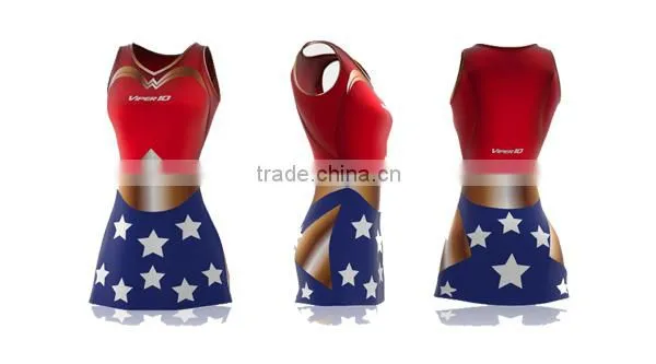 Hot sale netball dress design color red and blue with gold star