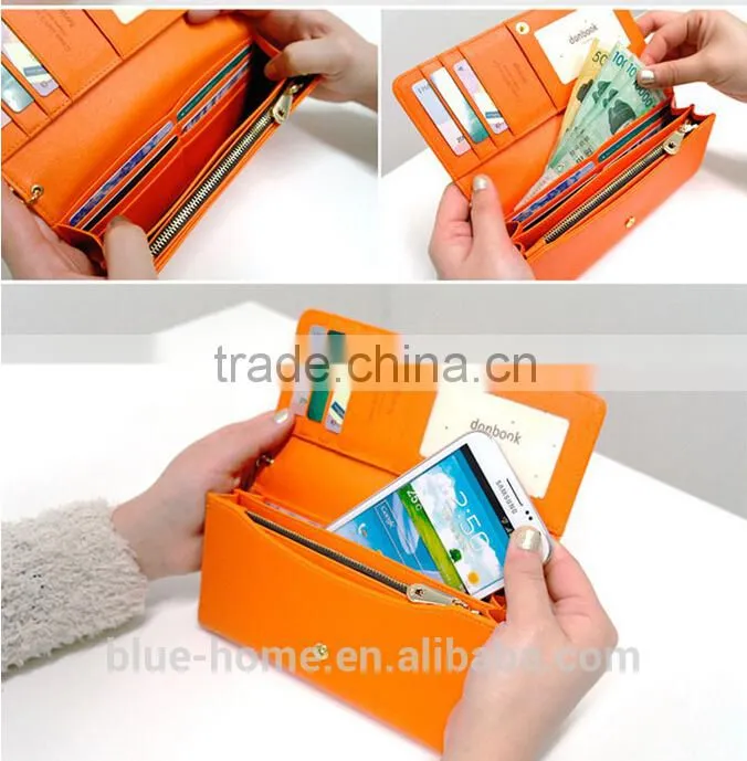 Hot selling 2015 korean design long crown wallet Hand purse wristyle women pink evening wallets