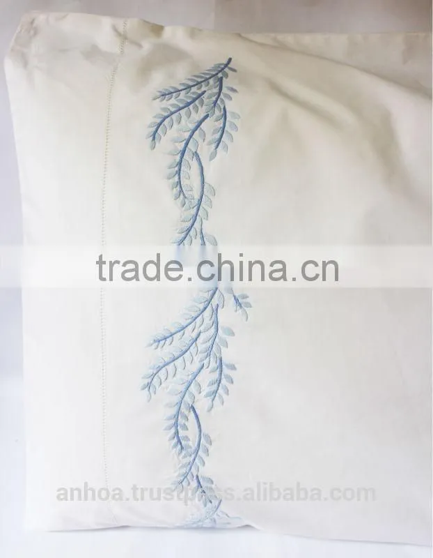 100% white cotton blue stems embroidered hemstitched pillowcases