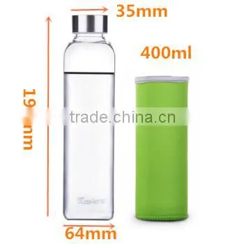 400ml high borosilicate Glass Drinking Bottle For Sports with lid and sleeve