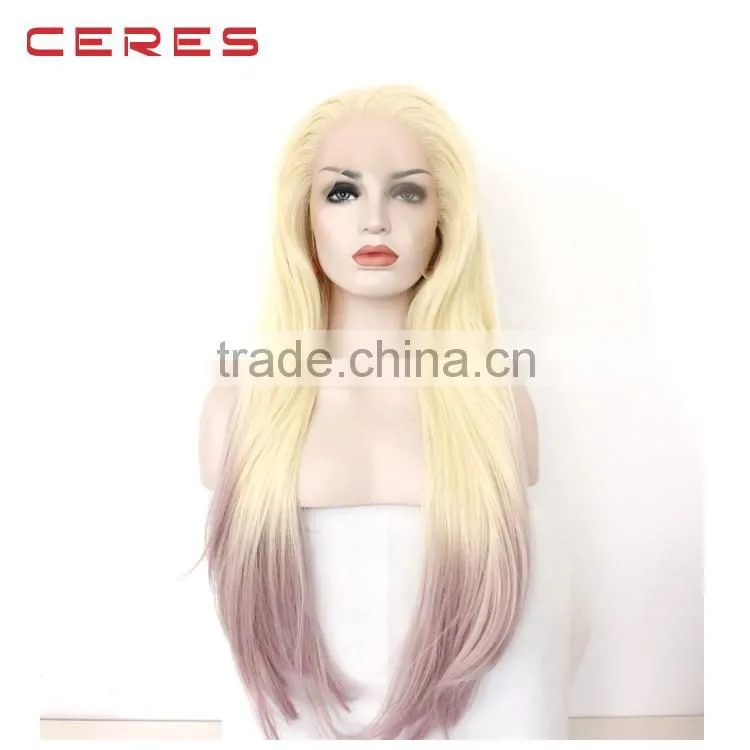 Ombre Blonde to Taro Color Synthetic Hair Lace Front Wigs for Women Long Straight Heat Resistant