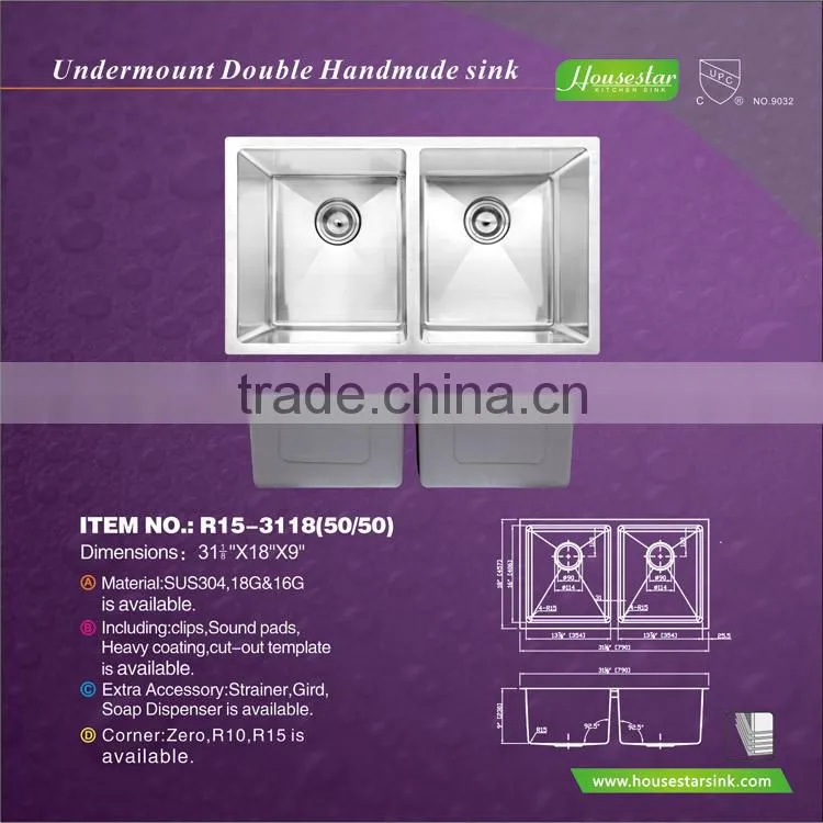 High Quality Save Room Handmade Double Bowl Deep Stainless Steel Kitcen Sink Cabinet -- R15-3118
