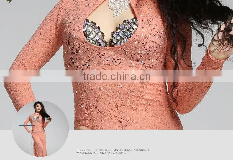 Wuchieal High Elastic Lace Belly Dance Practice Dress Bellydancing Costume with Long Sleeves