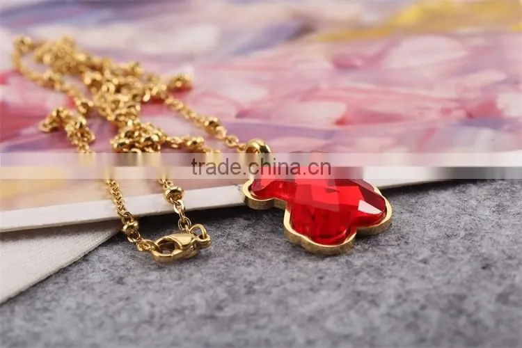 Guangzhou biggest wholesale fashionable gold long chain red crystal necklace with bear pendant