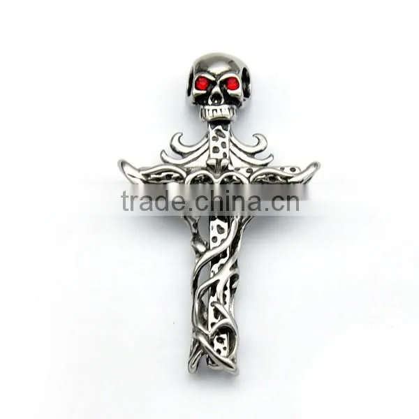 Fashion Casting Silver Pendant Mens Stainless Steel Skull Charm Red Crystal Cool Jewelry
