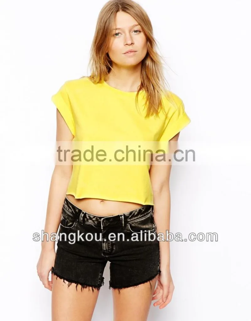 Multi-color trending girls cropped cut rolled sleeves t-shirts