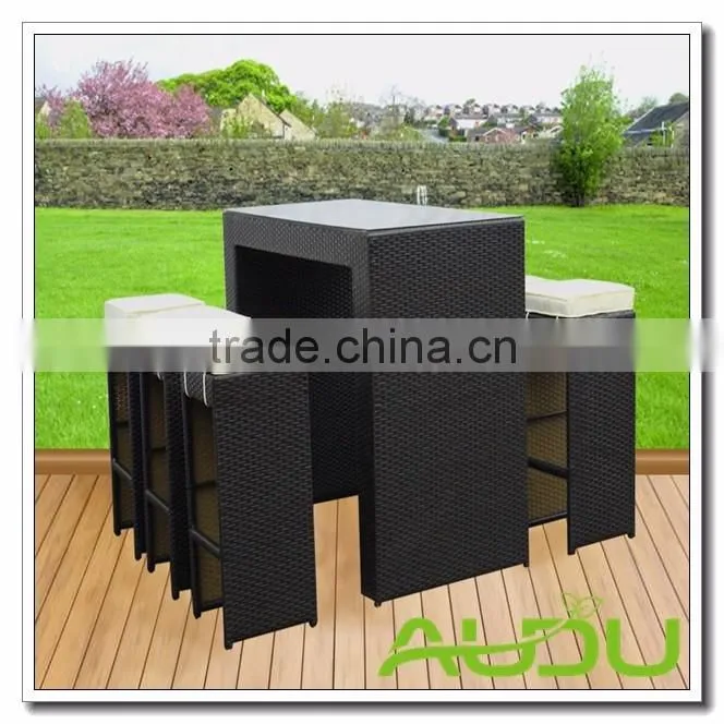 Audu High Back Bar Stool Set Outdoor Rattan Bar Stool Set in Brown