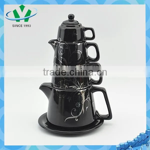 Elegant Black Flower Pattern Ceramic Tea Pot
