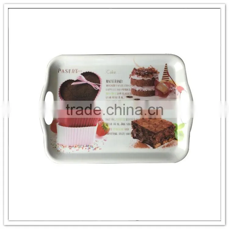 New design European style full print rectangular handled plastic melamine pastry cardboard cake melamine bread carrying tray