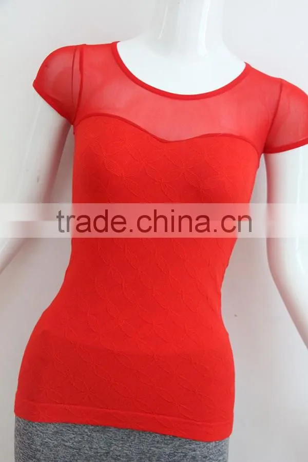 Ladies red short sleeve T-shirt with mesh in shoulder part