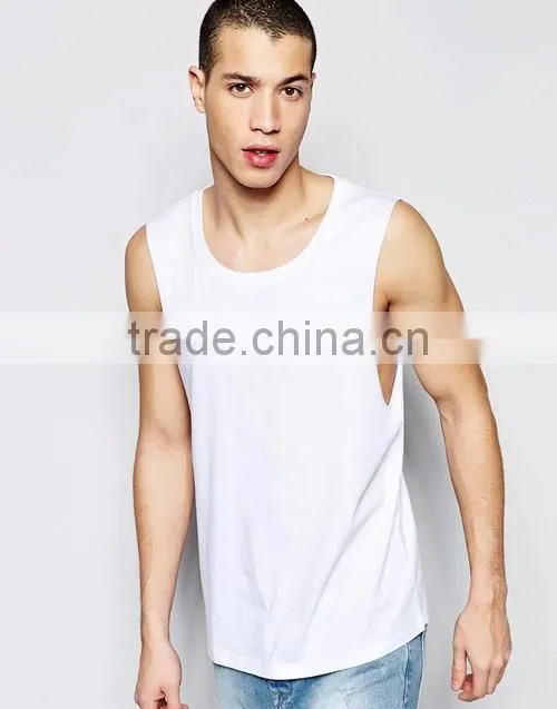Wholesale sleeveless scoop neck dropped armhole plain t-shirt, men summer white tank top custom