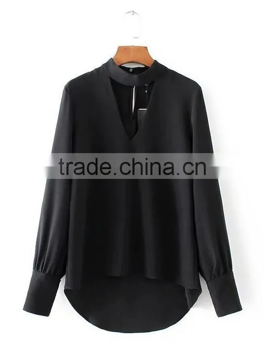 Runwaylover EY2376B Ladies 2017 Deep V-Neck Sexy Pure Color Blouse