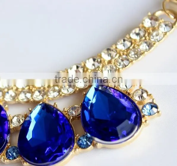 Fashion Sapphire Blue Gem Statement Necklace Earrings Set Jewelry Set