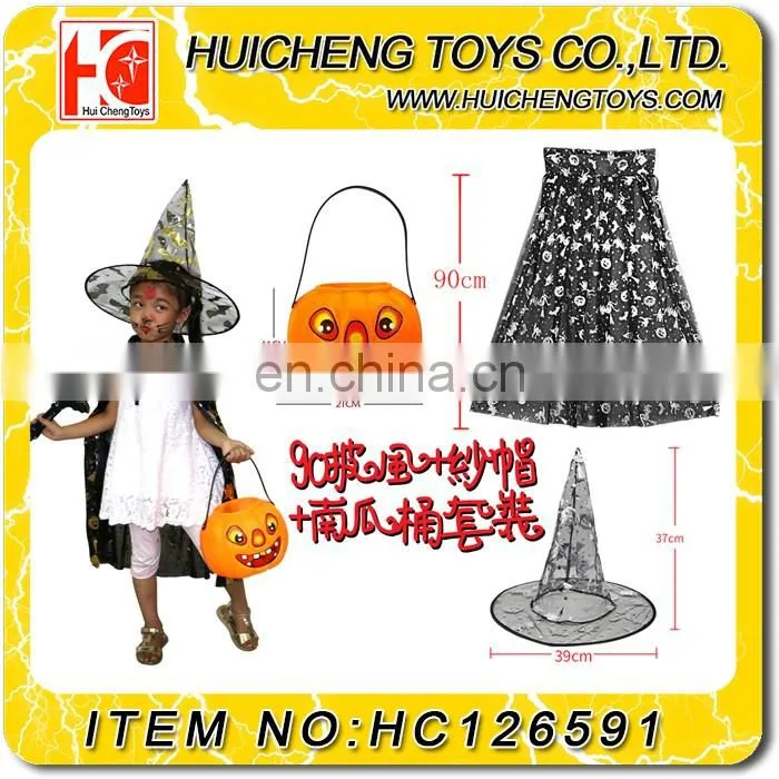 Manufacturers china wonderful kids halloween costoms with cloak hat and pumpkin bucket