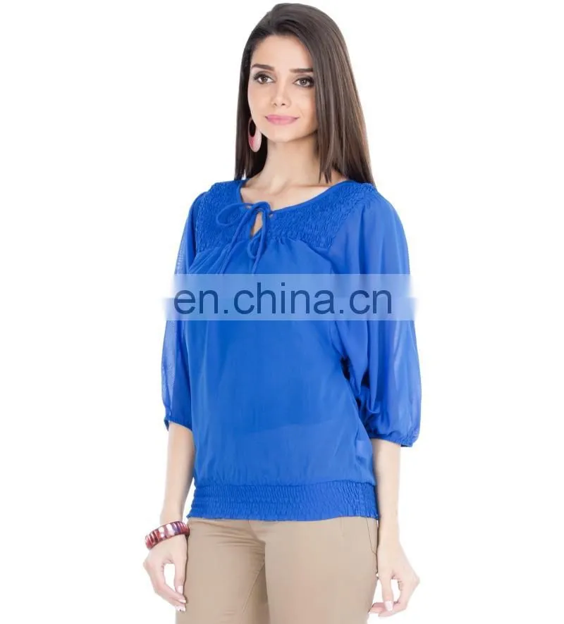 2015 Blue Top With Smocking And Tie-up women blue floral print tie-up top