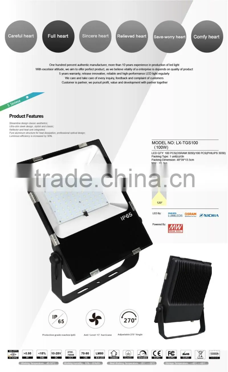Meanwell Driver, Promotional Price, 5 Years Warranty, CE ROHS Approved, Free Lighting Design, 100 Watt Floodlight