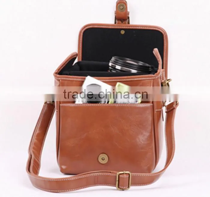Factory price brown leather Camera Bag with strap in Dongguan
