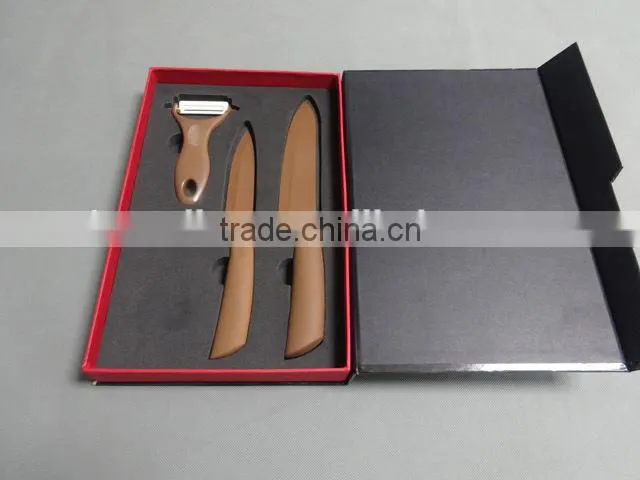 Copper color blade and handle, 5inch and 6 inch with a peeler ceramic knife set in elegant gift box