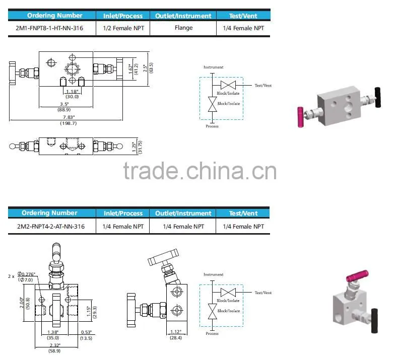 Oil instrument manifolds stainless steel 2-valve manifolds