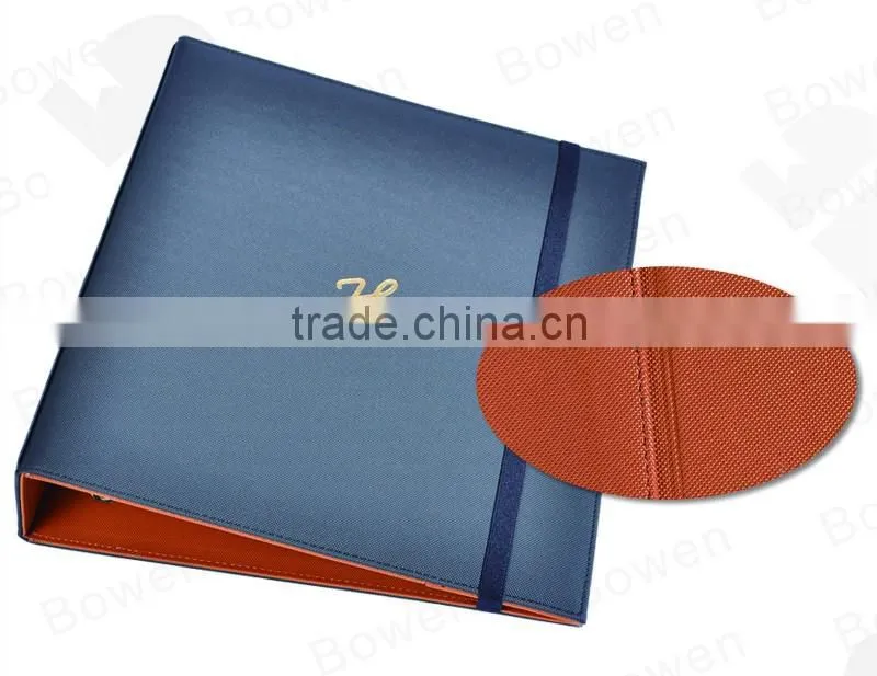 Three fold leather file folder with metal D ring binder and elastic band