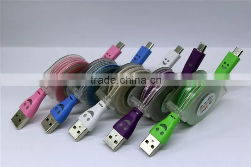 Glowing laughing face stretchable flat micro usb cable, USB to micro usb 5 pin for all smart phone