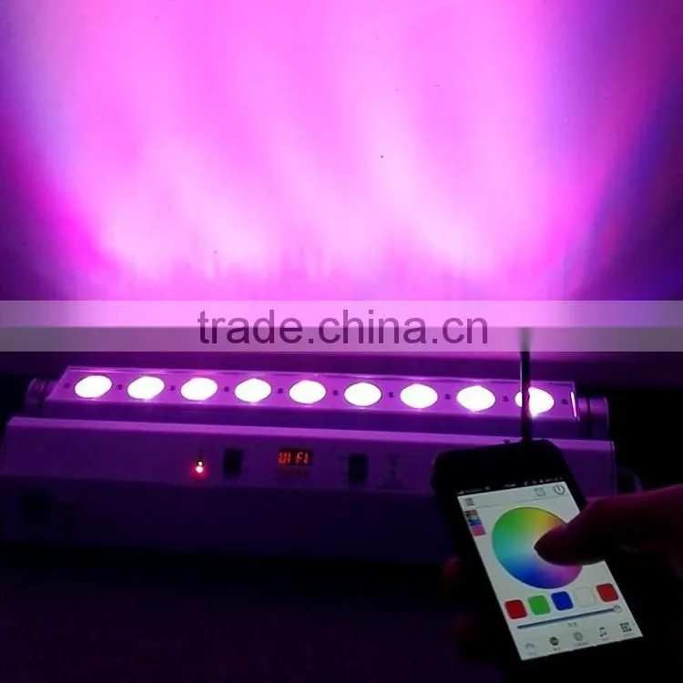 Most Popular Rechargeable Wifi Phone IOS Android App Wireless DMX Battery Powered 6in1 RGBWAUV 9pcs 18w LED Wall Washer Light