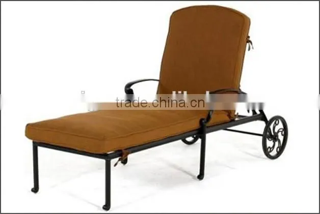 Antique Cast Aluminum Chaise Sun Lounge with cushions and wheels