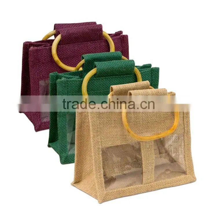 Clear jute bag with window/small jute wine bag with cotton material handle
