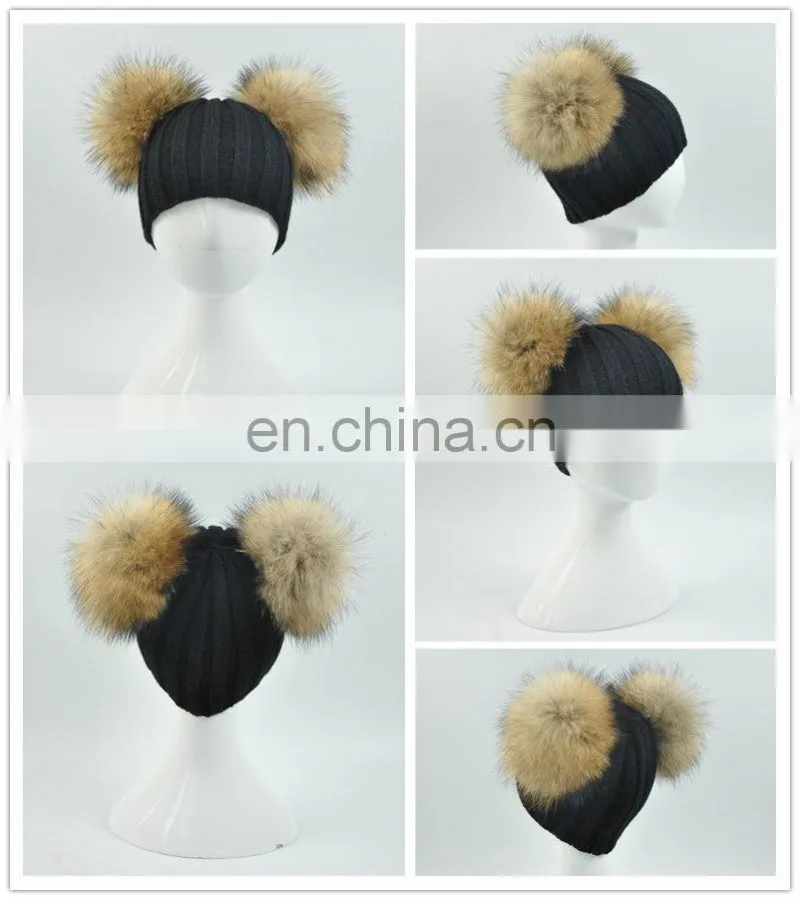 Wholesale Fashion Cheap kids Knitted Hats Real Fur Two Poms Kids Hat Winter