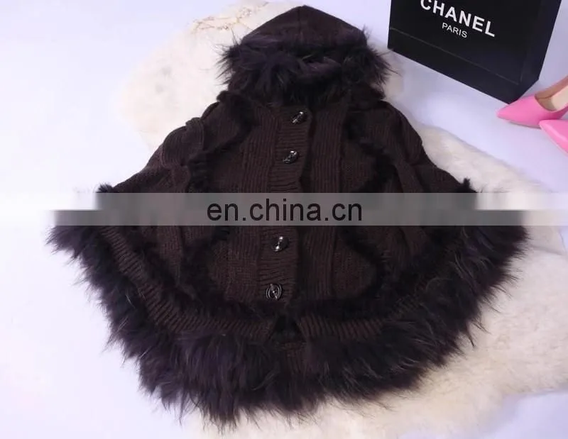 Raccoon and rabbit fur trimming cape cloak with buttons for women knitwear European style