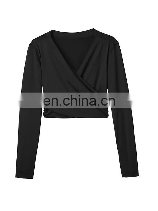 Ladies solid black swimming wear long sleeve cross front crop rash guard