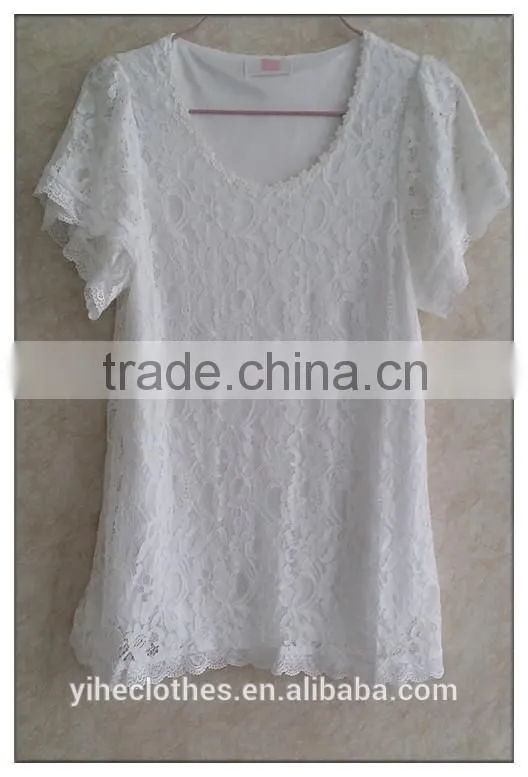 Sweet short sleeve lace T-shirt white cotton summer top for lady