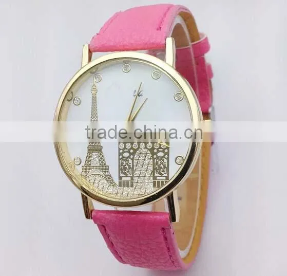 High quality Leather watch Women's Eiffel Tower Printed Dial Faux Leather Analog Quartz Wrist Watch