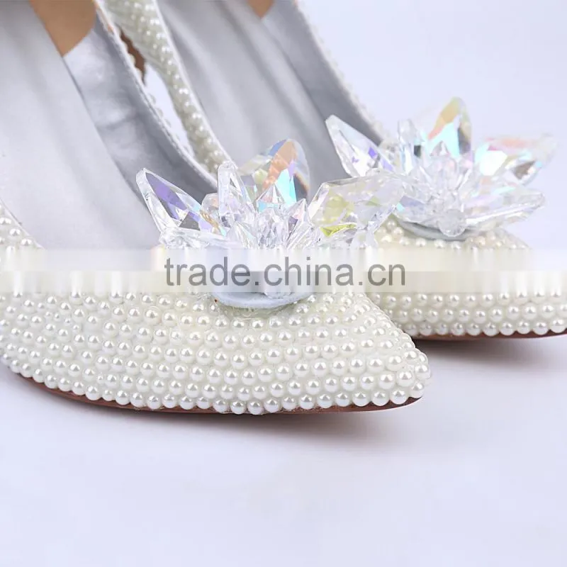 White Pearl Hand Made Wedding High Heel Shoes Most Luxurious Cinderella Dress Shoes High Heels