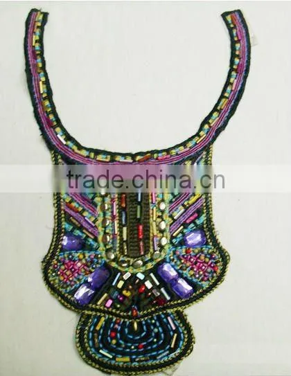Apparel wooden beaded collar applique, neck embroidery design