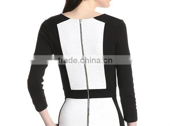 black and white match deep v neck up to knee long sleeve career dress