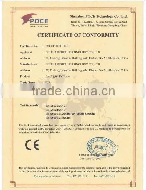 car dvb t2 digital tv receiver with CE certificate