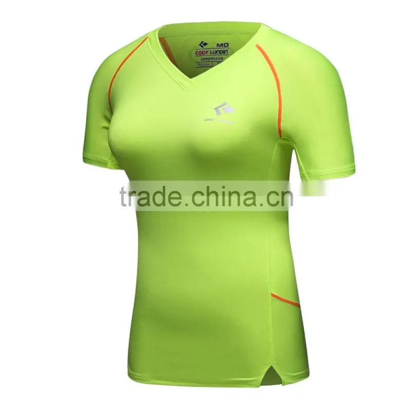 custom fashion comfortable v-neck plain short sleeve compression shirt women 2016