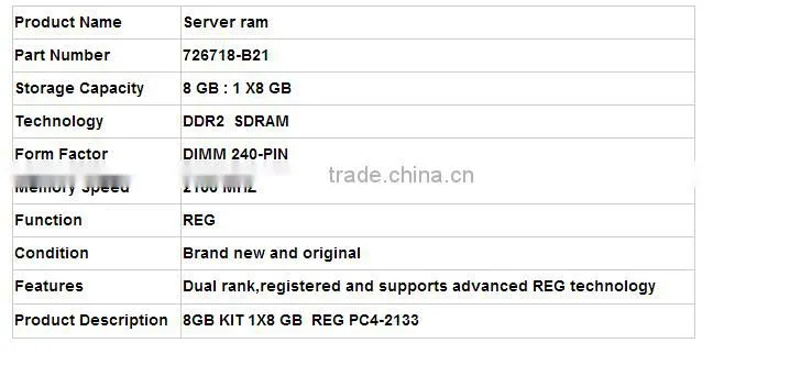 New Server Memory----- DDR4--2133 Kit 8GB(1x8GB) Ram 726718-B21