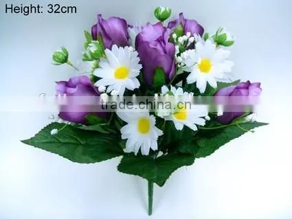 H32cm Satin Rose Bud/Daisy Artificial Flowers Bouquet for Wedding