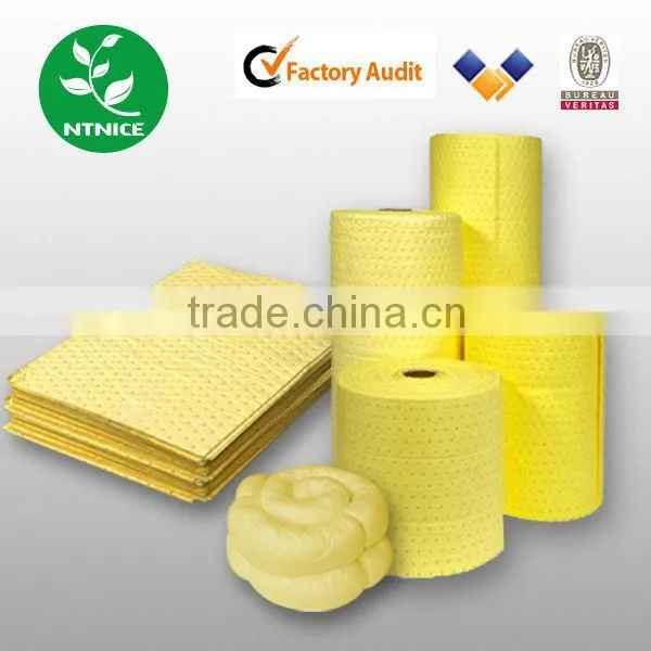 Super absorbent polymer/dimpled and perforated chemical absorbent pads