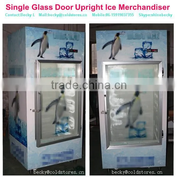 Single glass door upright ice merchandiser