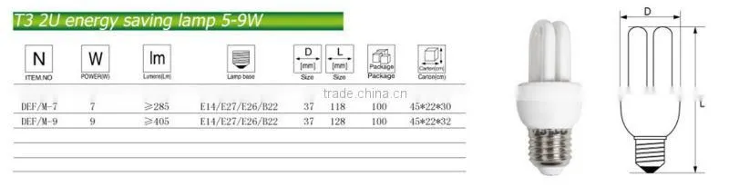 Hangzhou Factory CE ROHS 2U 2700K 7W CFL Bulbs with E14/E27 lamp base