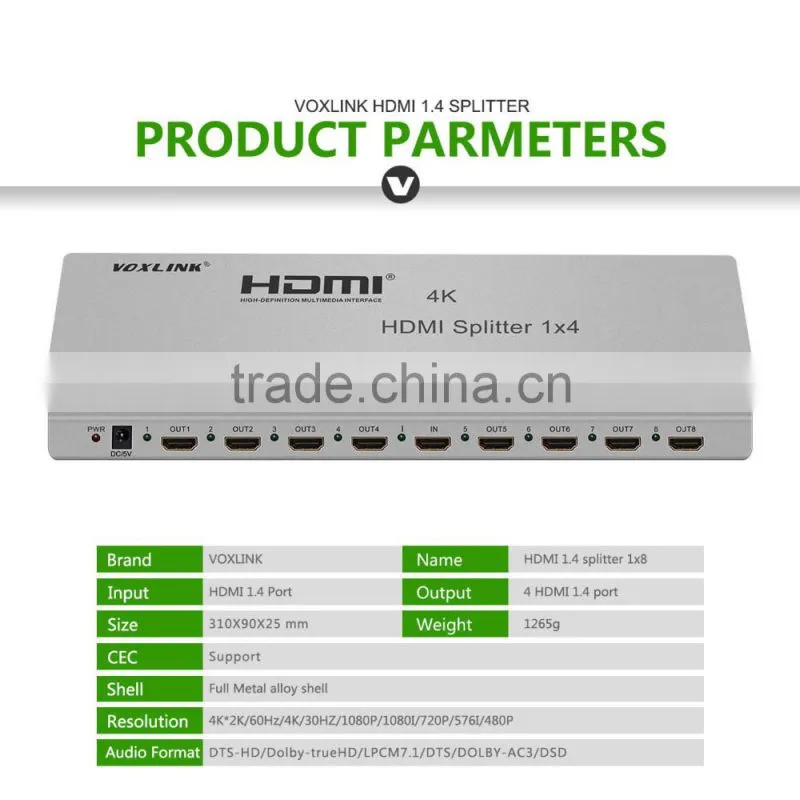 VOXLINK 1x8 HDMI splitter 4K(HDMI 1.4,HDCP1.4 ,4K,IR extension, EDID management, RS232) EU/US/UK/AU