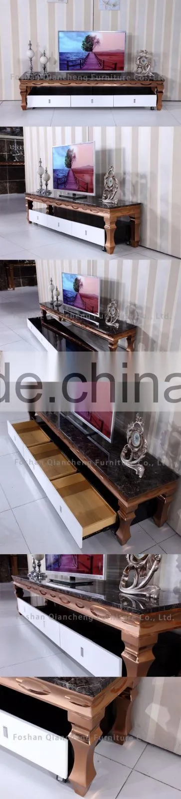 Golden tv stand design with manmade stone top