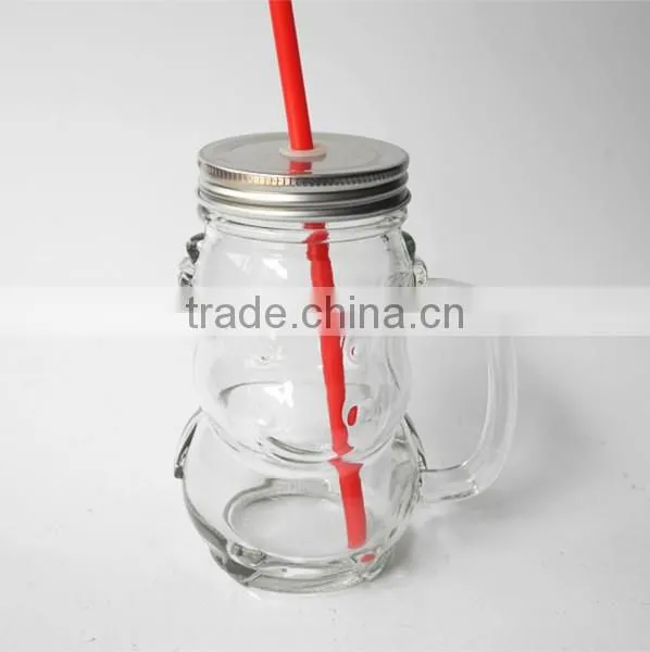 16 oz monkey shape embossed glass beverage jar with lid and straw