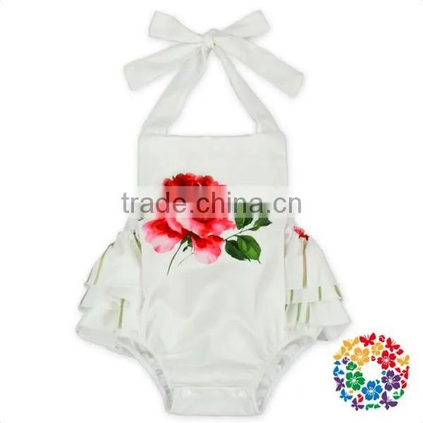 Boutique Girls Summer Backless Ruffle Halter Playsuit White Flower Kids Jumpsuit