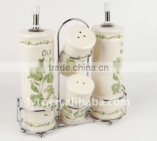 4PCS ceramic salt & oil vinegar bottle with metal stand,ceramic spice jar,ceramic seasoning pot,ceramic cruet set